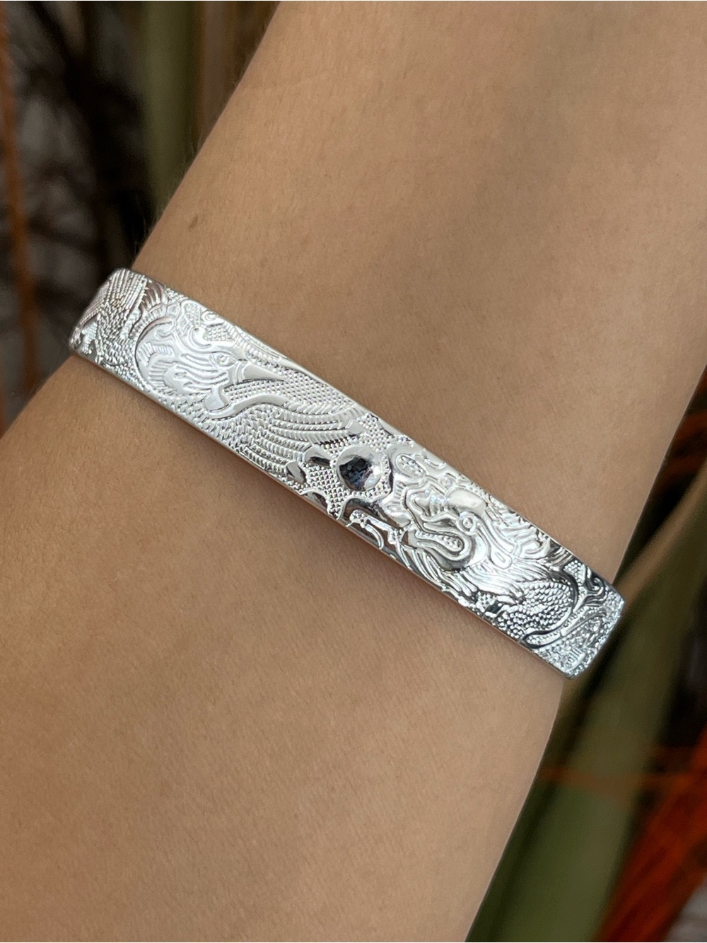 S925 Silver dragon and phoenix cuff Bracelet